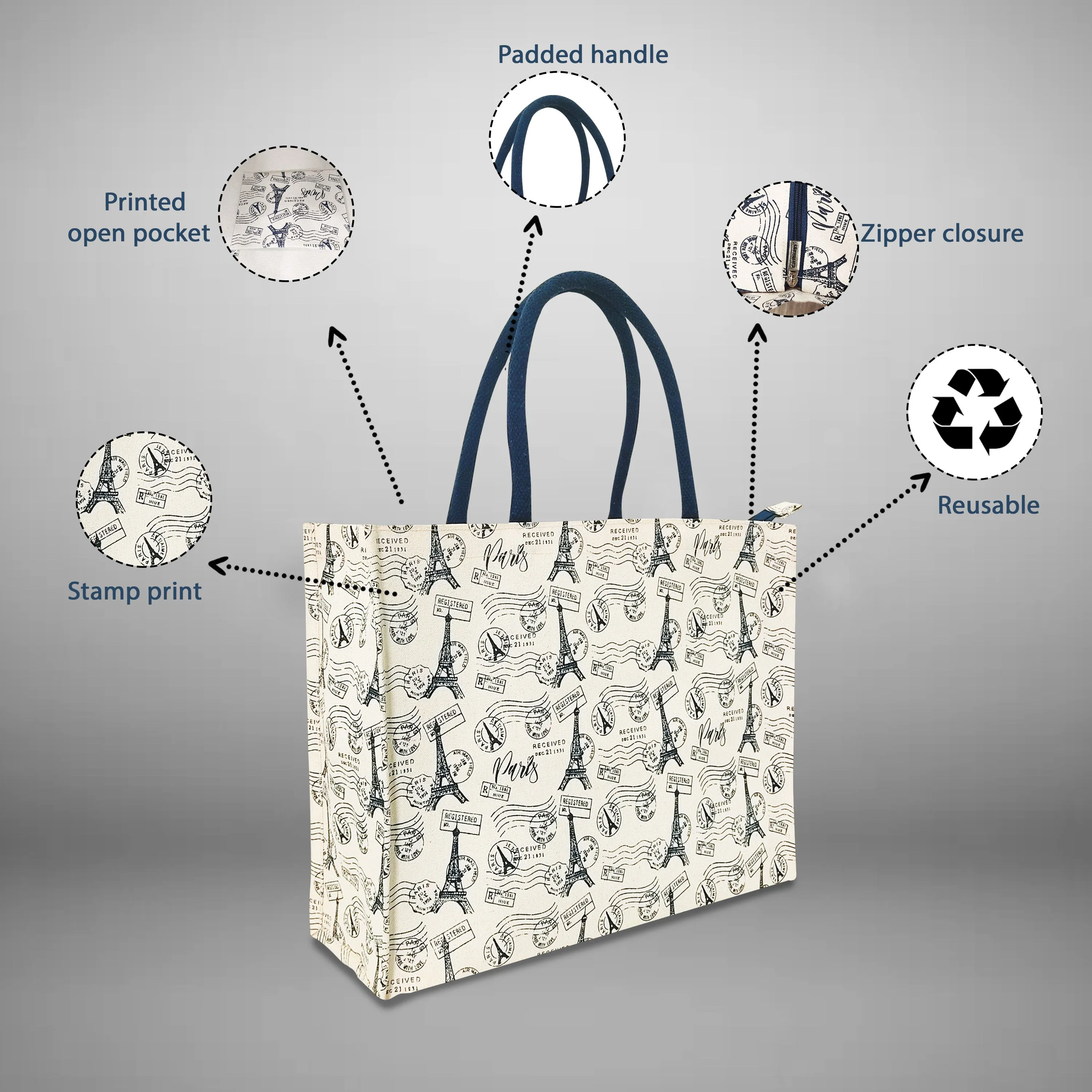 VINTAGE PARIS PRINT CANVAS BAG WITH ZIPPER
