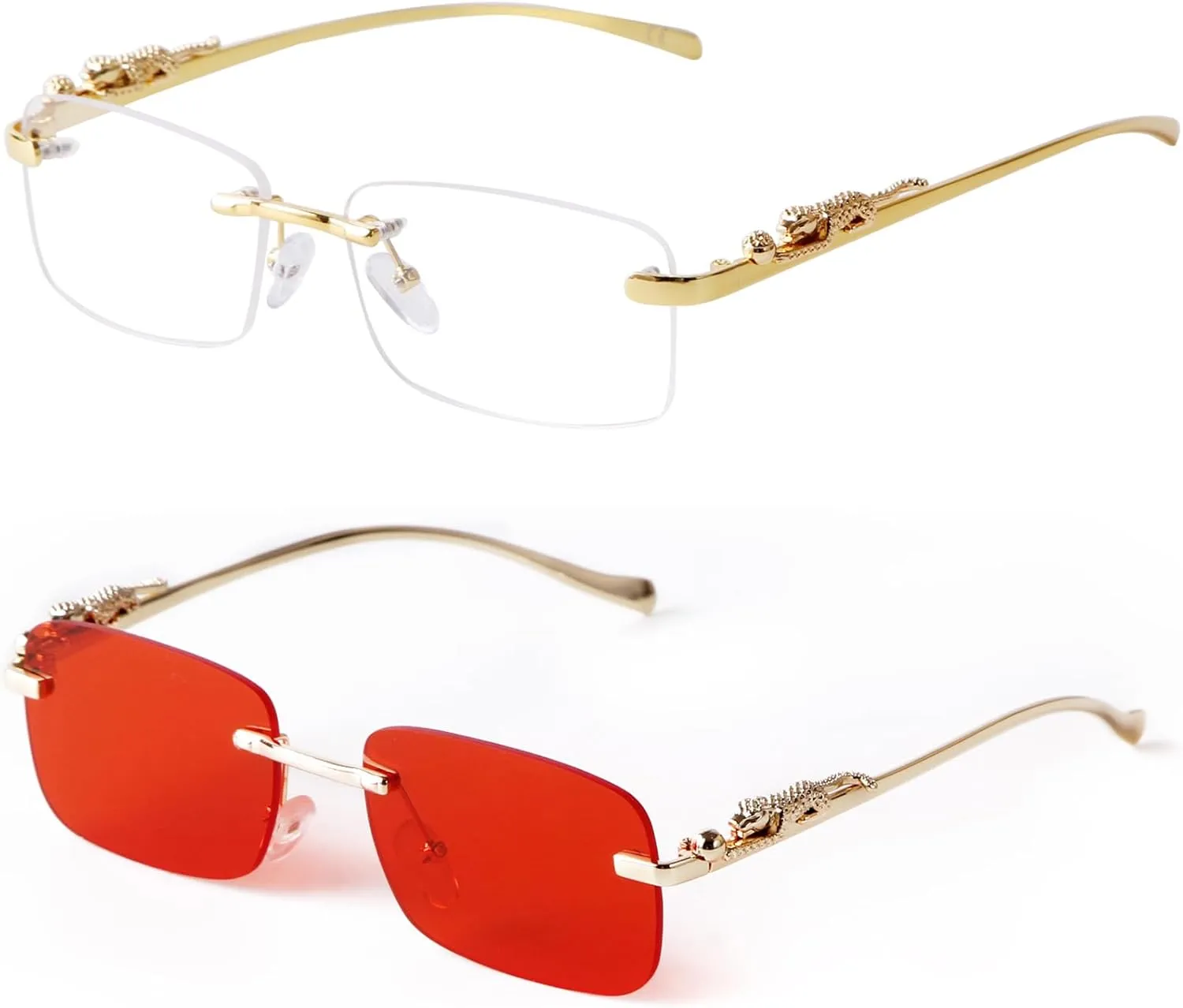 Vintage Rimless Rectangle Sunglasses for Women Men,Trendy Gold Metal Frameless Square Sun Glasses Transparent Eyewear