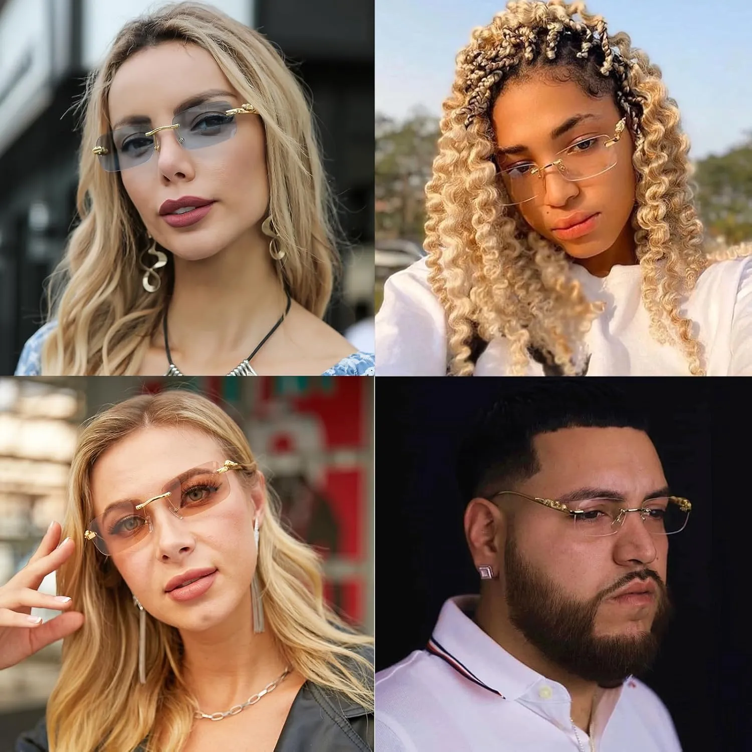 Vintage Rimless Rectangle Sunglasses for Women Men,Trendy Gold Metal Frameless Square Sun Glasses Transparent Eyewear
