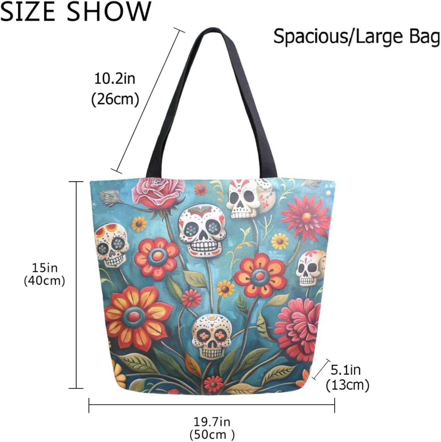 Vivid Pattern Extra Large Shoulder Grocery Tote Bag, Art Sugar Skulls Flower Day Of Dead Canvas Daily Handle Bag for Gym Weekender Beach Travel Kitchen Reusable Market Shopping