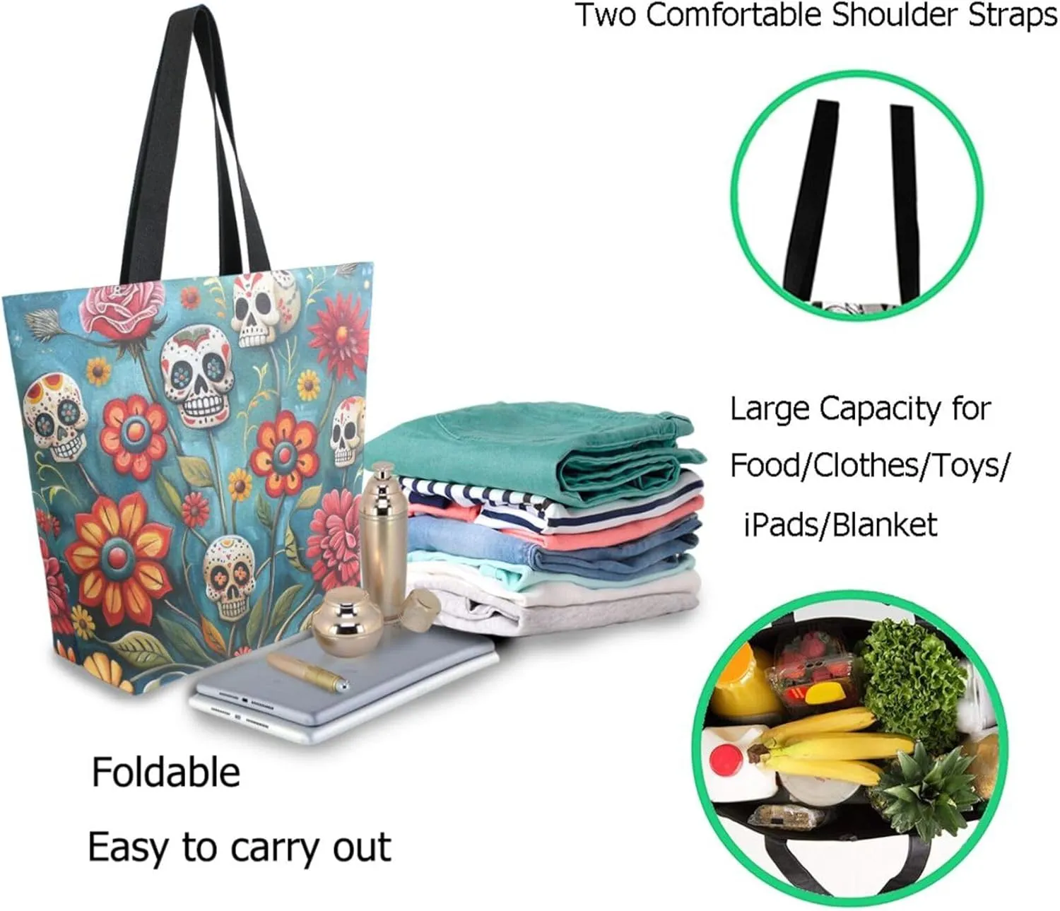 Vivid Pattern Extra Large Shoulder Grocery Tote Bag, Art Sugar Skulls Flower Day Of Dead Canvas Daily Handle Bag for Gym Weekender Beach Travel Kitchen Reusable Market Shopping