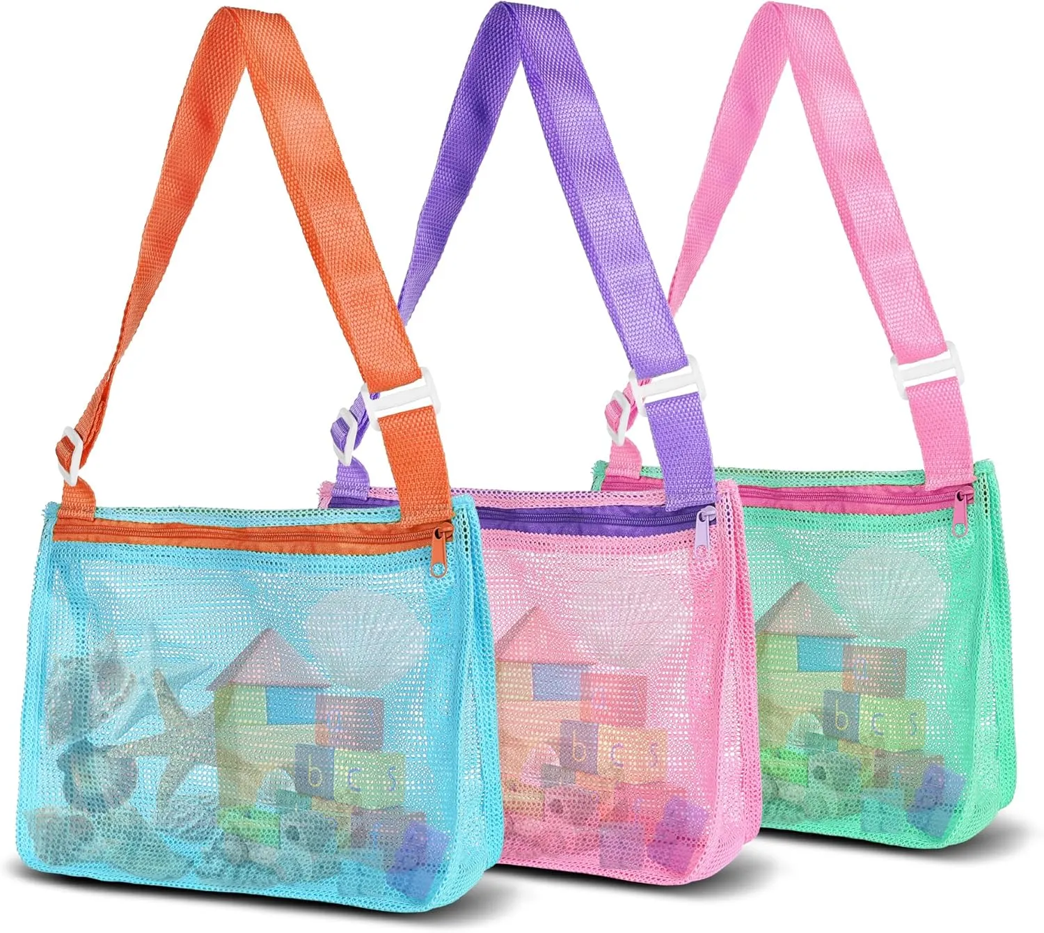 VOROLO 3PCS Mesh Beach Bag for Holding Toys,Sand Towels Tote for Kids Seashell Collecting,Shell Bags for Children Picnic,Swimming Accessories for Boys and Girls