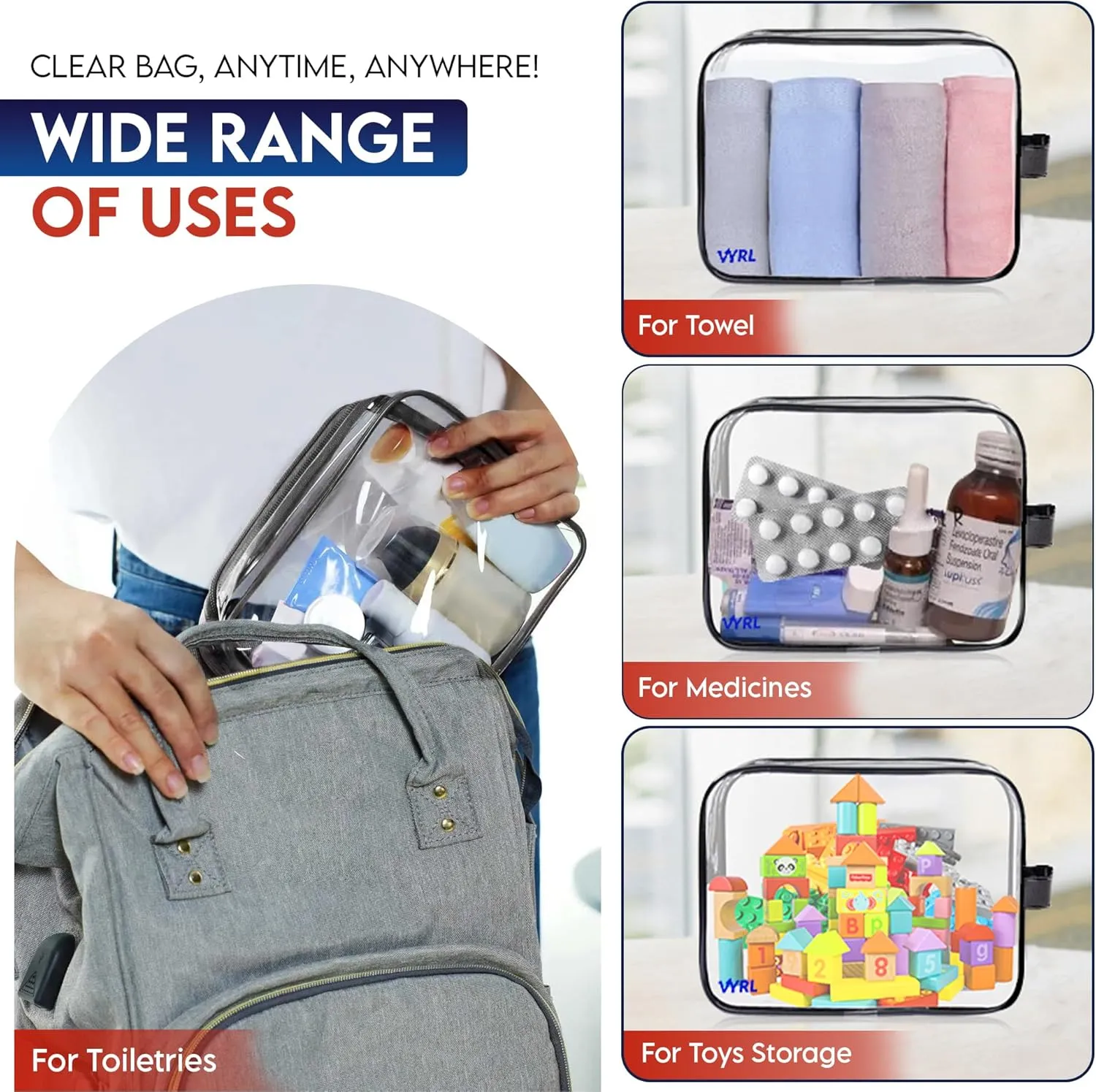 VYRL 16 Pack Clear Makeup Bag - Quart Size 3-1-1 TSA Approved Toiletry Bag with Zipper - Water-Resistant Durable PVC Clear Toiletry pouches for Carry-on Airport Travel Accessories - Black