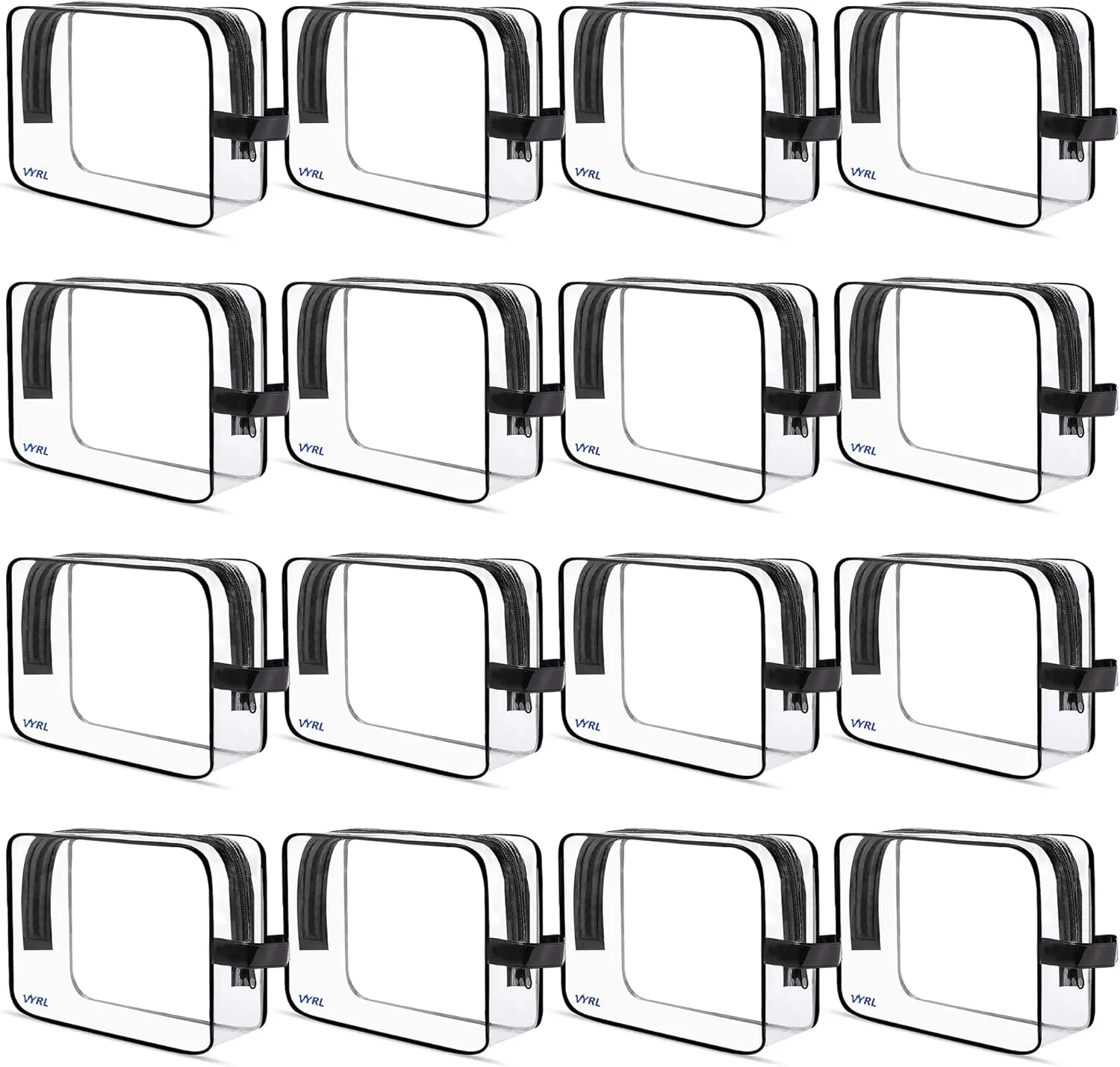 VYRL 16 Pack Clear Makeup Bag - Quart Size 3-1-1 TSA Approved Toiletry Bag with Zipper - Water-Resistant Durable PVC Clear Toiletry pouches for Carry-on Airport Travel Accessories - Black