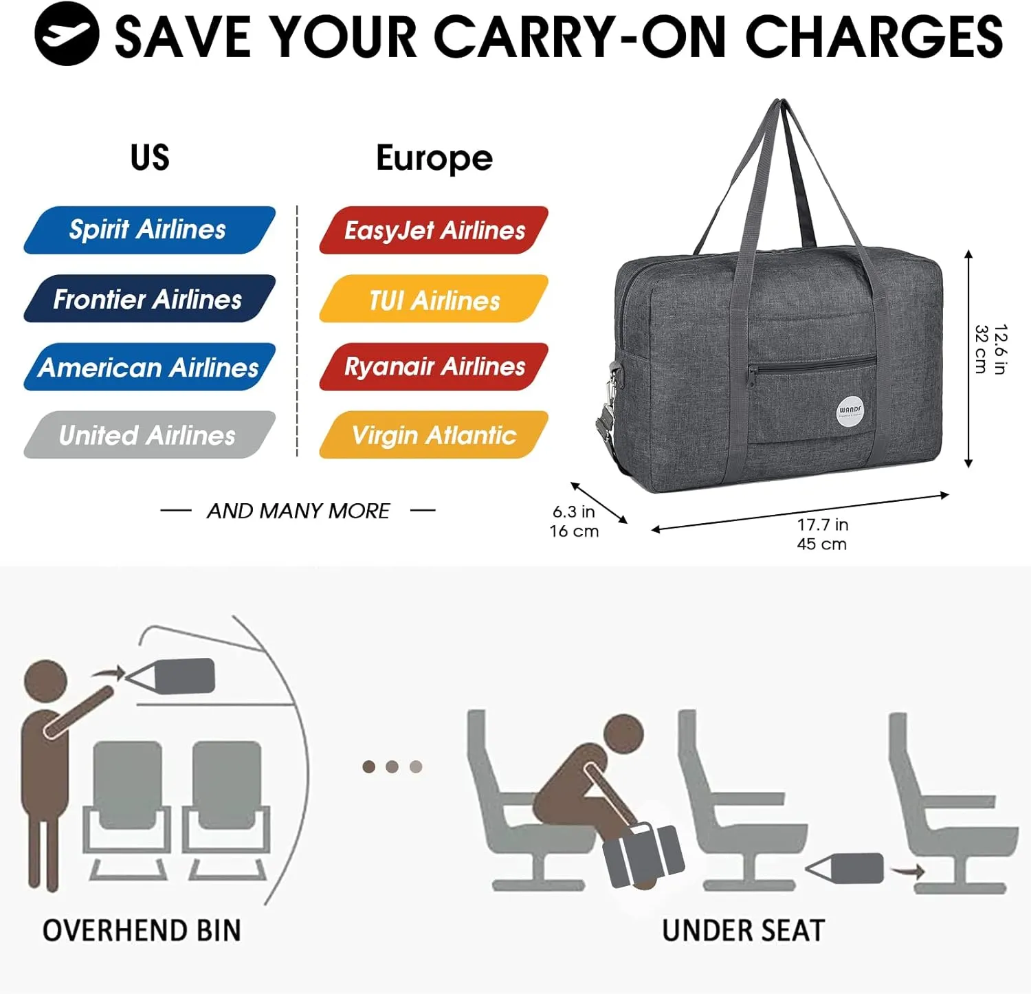 WANDF For Spirit Airlines Personal Item Bag 18x14x8 Travel Duffel Bag Underseat Foldable Carry-on Luggage for Women