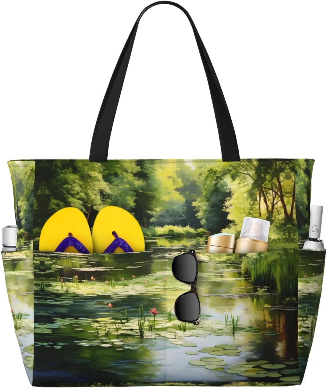 Water Lilies in the Pond Large Capacity Beach Travel Bag, Foldable Beach Bag with Zipper, Great for Grocery Bag Pool Gym Travel Shopping