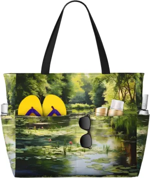 Water Lilies in the Pond Large Capacity Beach Travel Bag, Foldable Beach Bag with Zipper, Great for Grocery Bag Pool Gym Travel Shopping