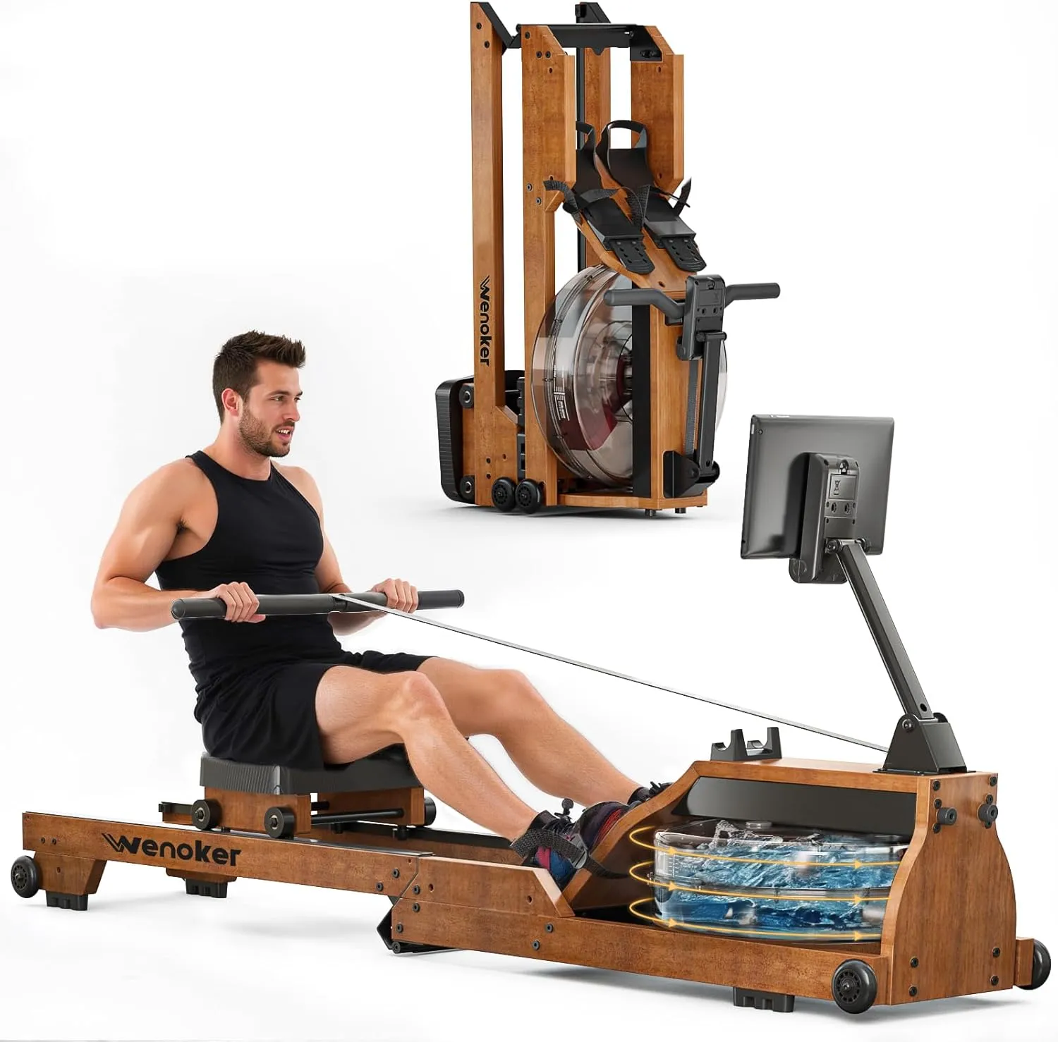 Water Rowing Machine for Home Use, Wooden Foldable Rower Machine with Adjustable Monitor & Bluetooth APP, Large Water Tank & Comfortable Seat for Immersive Water Rower, 350LBS Weight Capacity