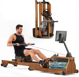 Water Rowing Machine for Home Use, Wooden Foldable Rower Machine with Adjustable Monitor & Bluetooth APP, Large Water Tank & Comfortable Seat for Immersive Water Rower, 350LBS Weight Capacity
