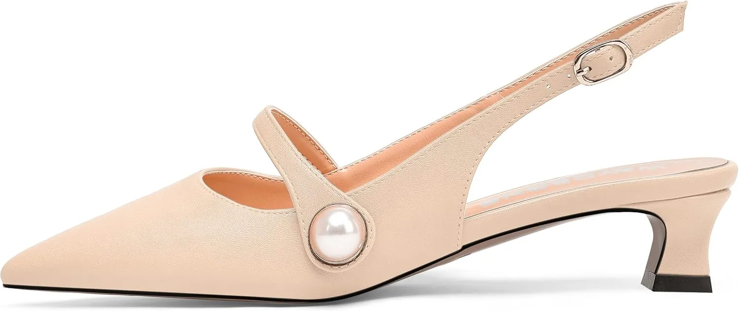 WAYDERNS Womens Dating Matte Pointed Toe Fashion Slingback Solid Buckle Spool Low Heel Pumps Shoes 1.5 Inch
