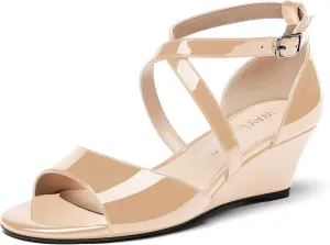 WAYDERNS Women's Open Toe Patent Cross Strap Solid Buckle Wedge Low Heel Wedges Sandals 2 Inch