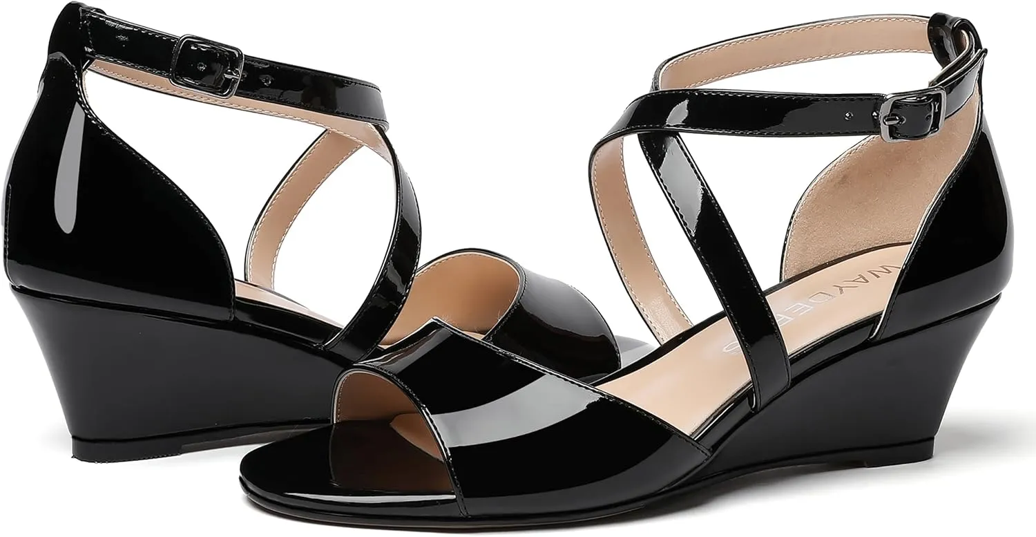 WAYDERNS Women's Open Toe Patent Cross Strap Solid Buckle Wedge Low Heel Wedges Sandals 2 Inch
