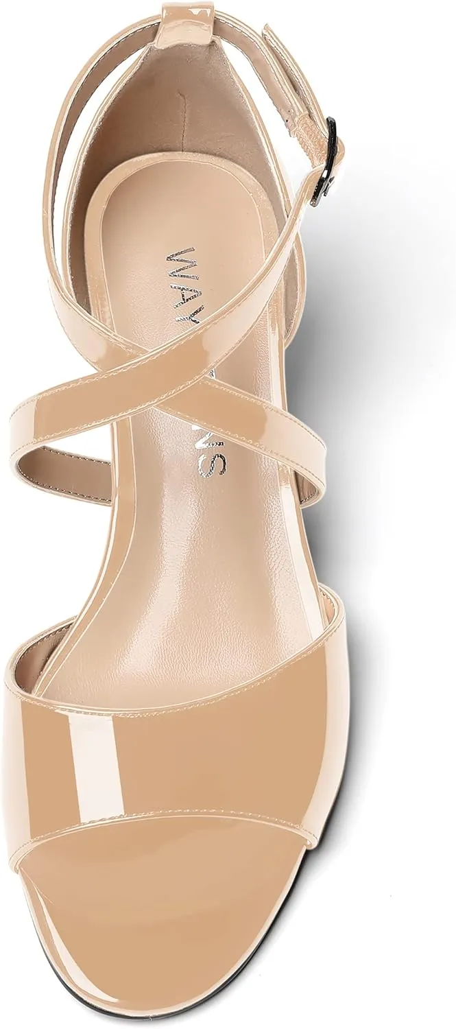 WAYDERNS Women's Open Toe Patent Cross Strap Solid Buckle Wedge Low Heel Wedges Sandals 2 Inch