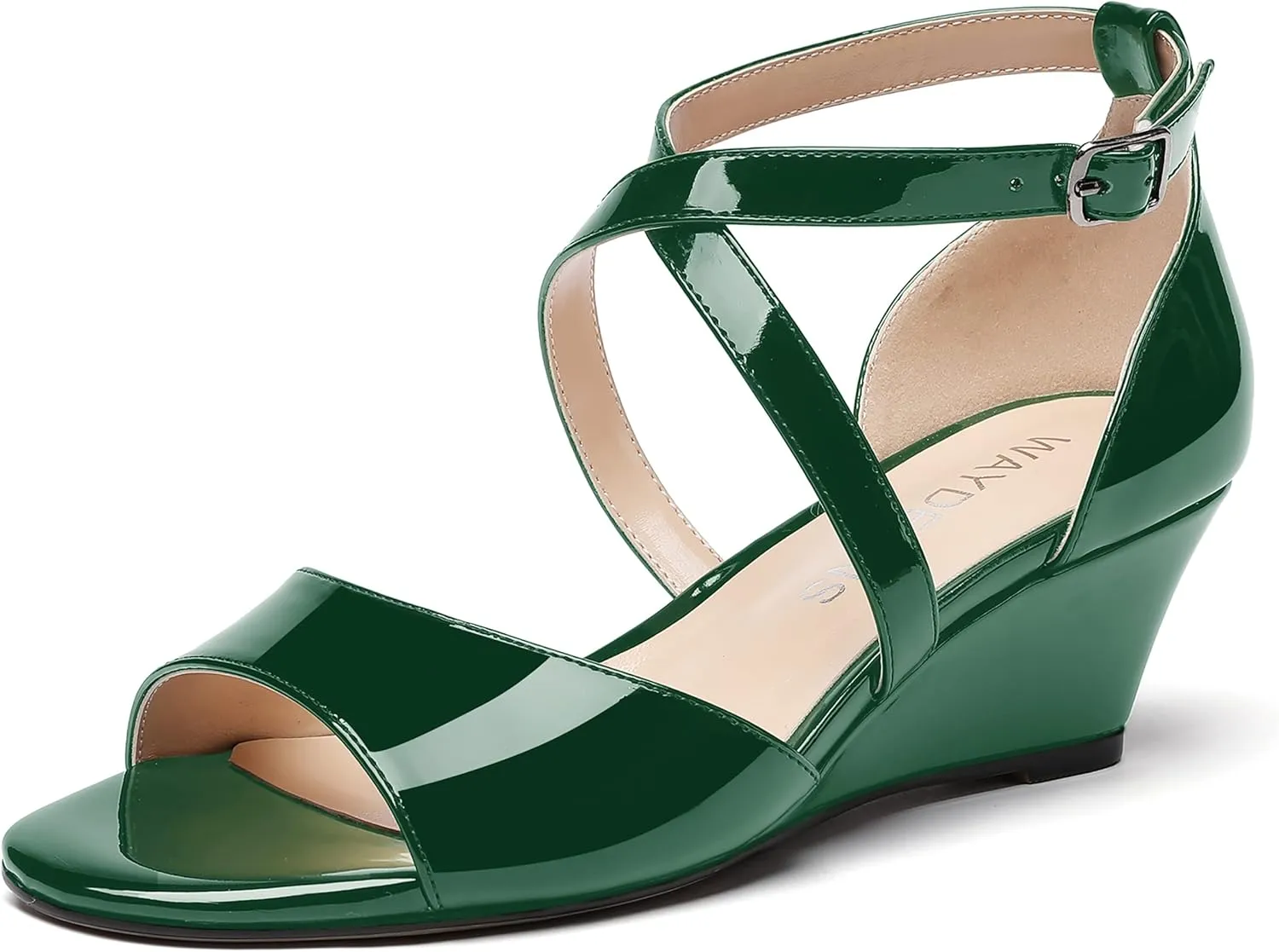 WAYDERNS Women's Open Toe Patent Cross Strap Solid Buckle Wedge Low Heel Wedges Sandals 2 Inch