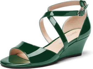 WAYDERNS Women's Open Toe Patent Cross Strap Solid Buckle Wedge Low Heel Wedges Sandals 2 Inch