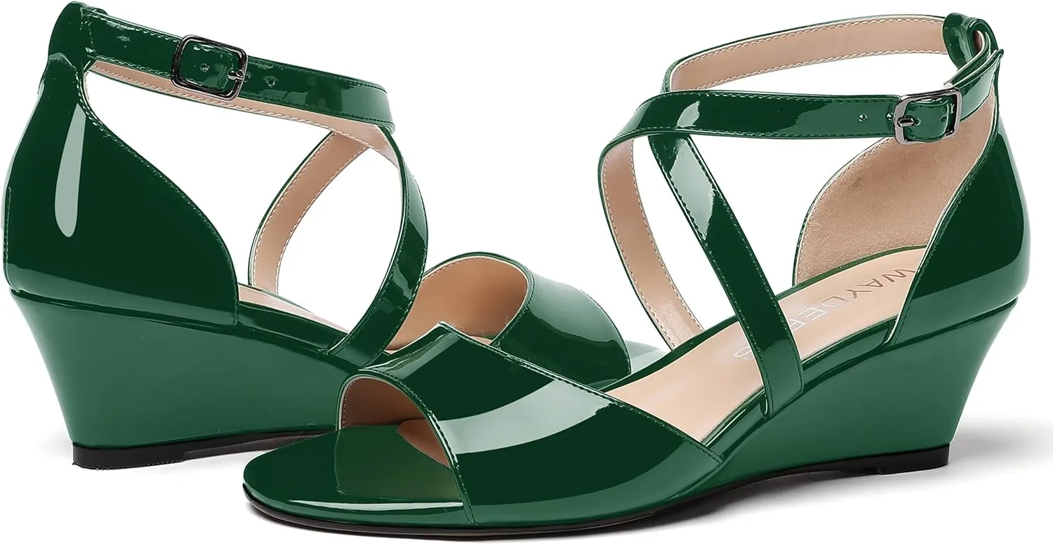 WAYDERNS Women's Open Toe Patent Cross Strap Solid Buckle Wedge Low Heel Wedges Sandals 2 Inch