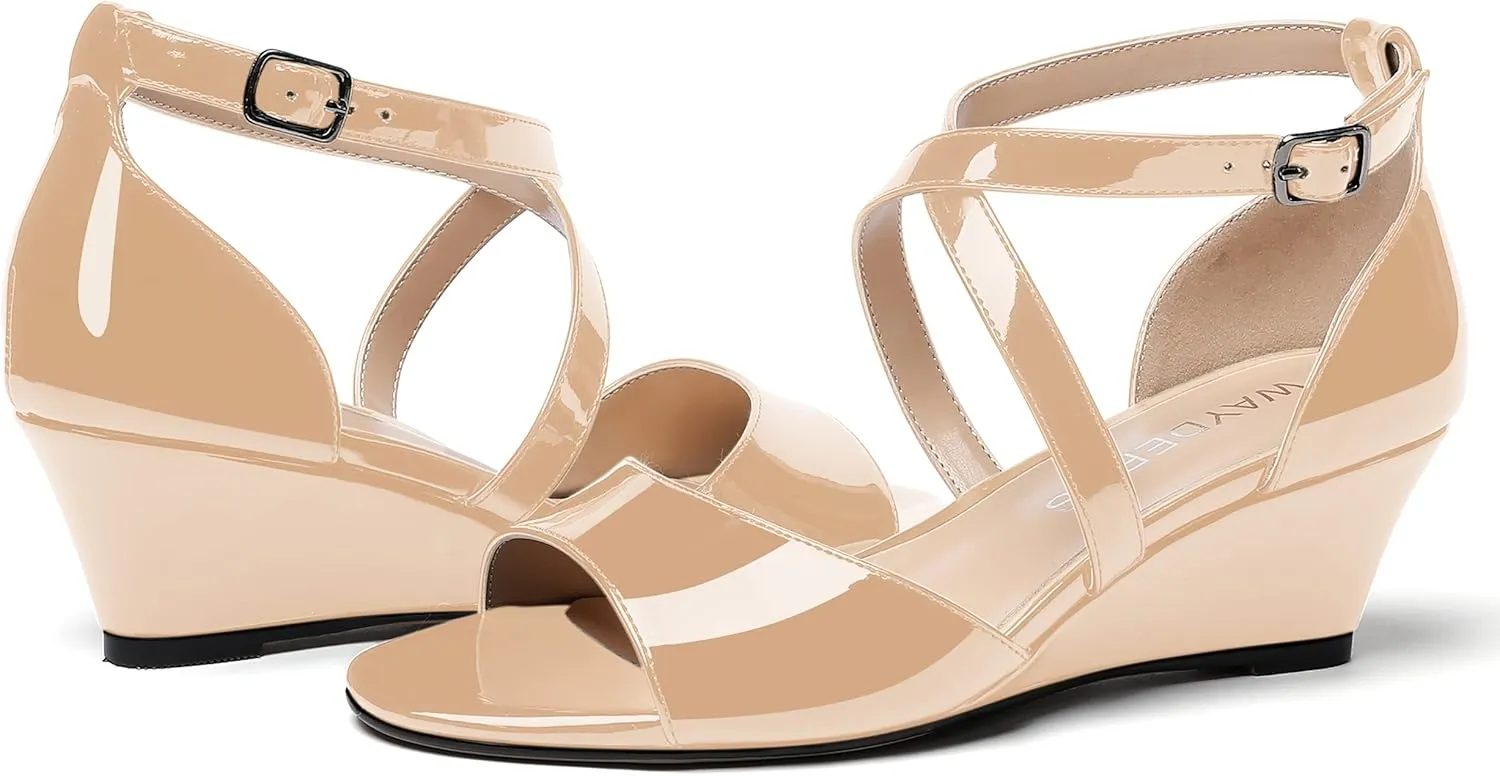 WAYDERNS Women's Open Toe Patent Cross Strap Solid Buckle Wedge Low Heel Wedges Sandals 2 Inch