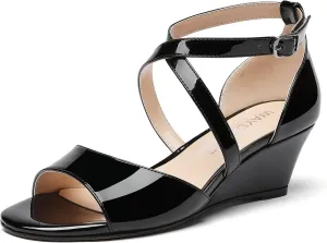WAYDERNS Women's Open Toe Patent Cross Strap Solid Buckle Wedge Low Heel Wedges Sandals 2 Inch