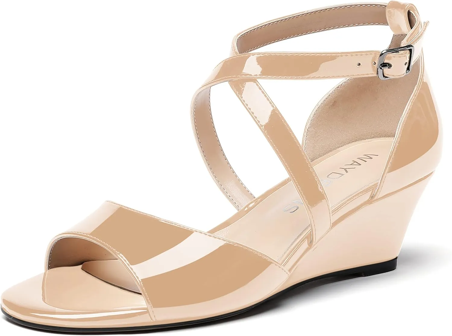 WAYDERNS Women's Open Toe Patent Cross Strap Solid Buckle Wedge Low Heel Wedges Sandals 2 Inch