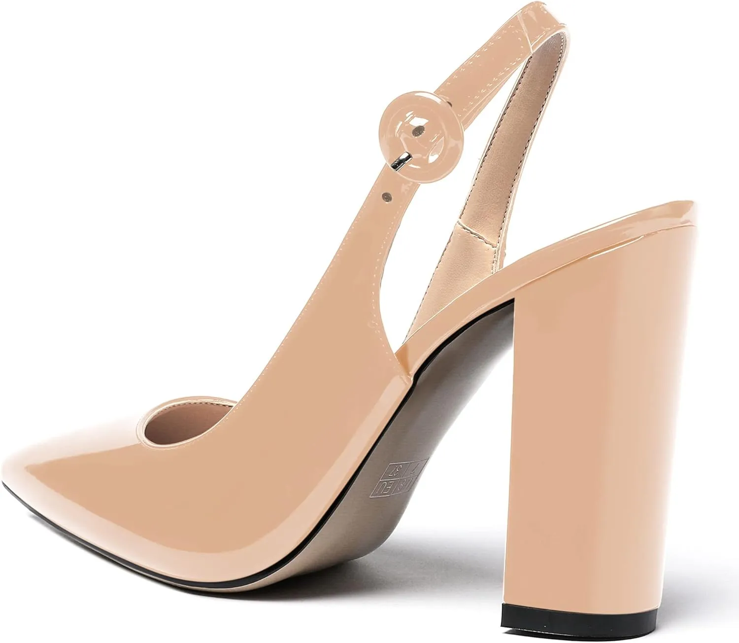WAYDERNS Women's Patent Leather Pointed Toe Ankle Strap Slingback Block High Heel Pumps Sexy Wedding Dress Shoes 4 Inch