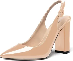 WAYDERNS Women's Patent Leather Pointed Toe Ankle Strap Slingback Block High Heel Pumps Sexy Wedding Dress Shoes 4 Inch