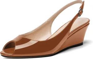 WAYDERNS Women's Peep Toe Slingback Buckle Patent Leather Wedge Low Heel Pumps Shoes 2 Inch