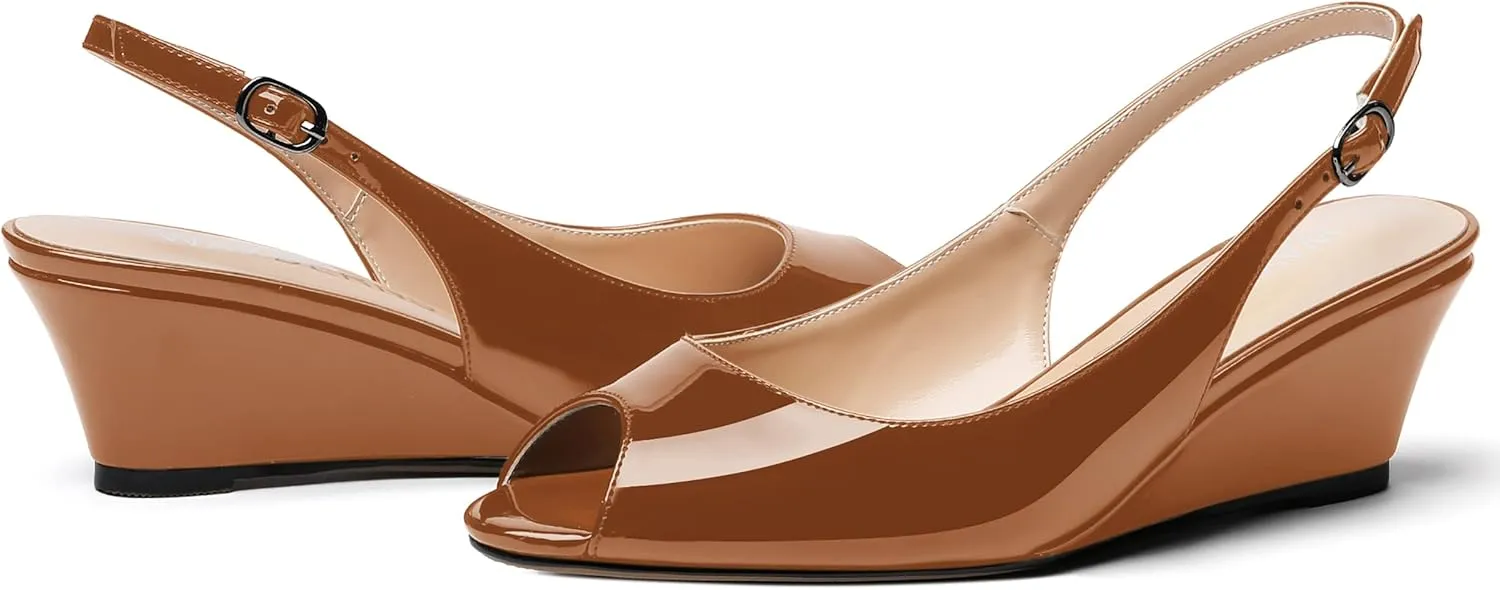 WAYDERNS Women's Peep Toe Slingback Buckle Patent Leather Wedge Low Heel Pumps Shoes 2 Inch