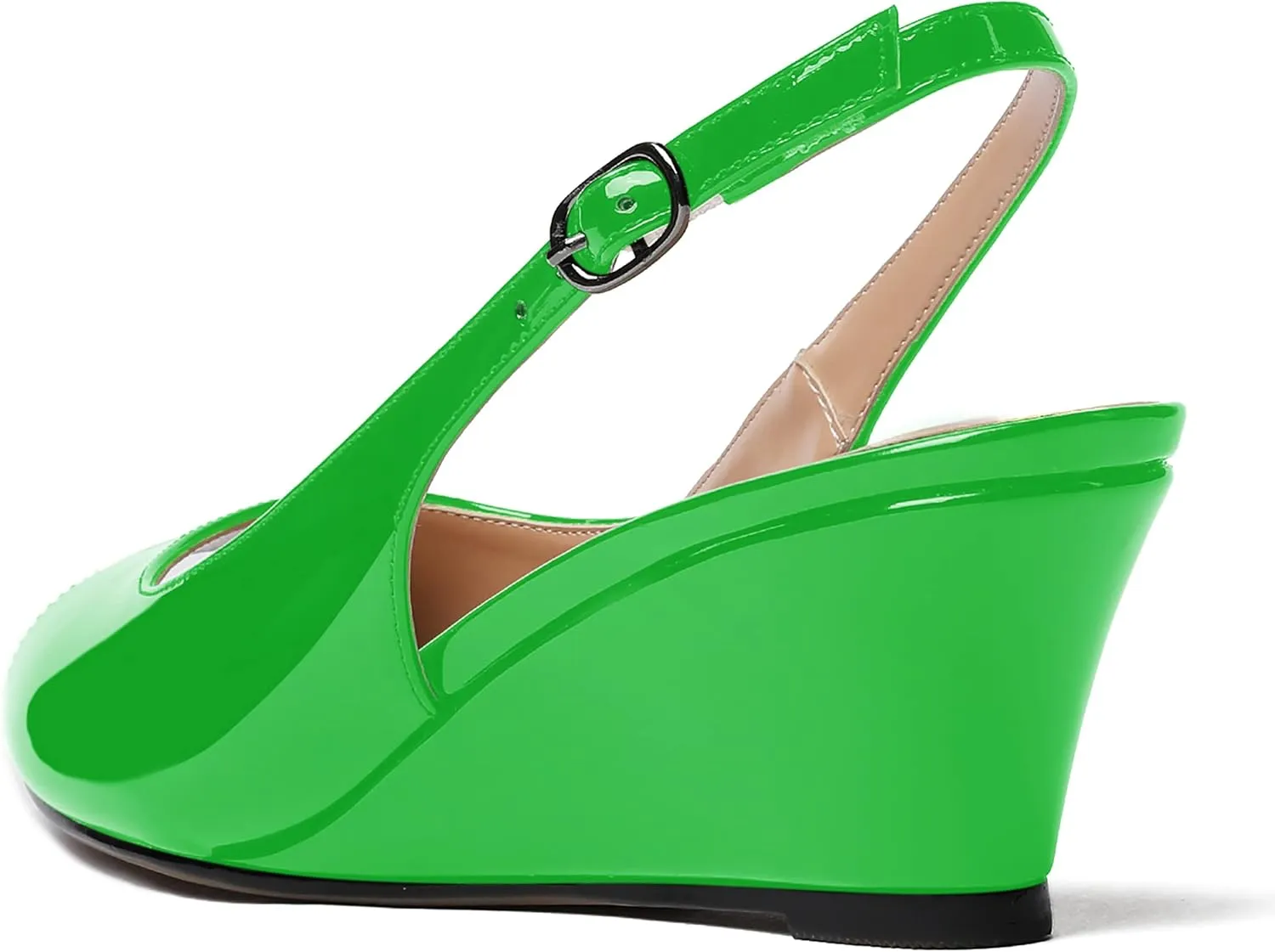 WAYDERNS Women's Peep Toe Slingback Buckle Patent Leather Wedge Low Heel Pumps Shoes 2 Inch