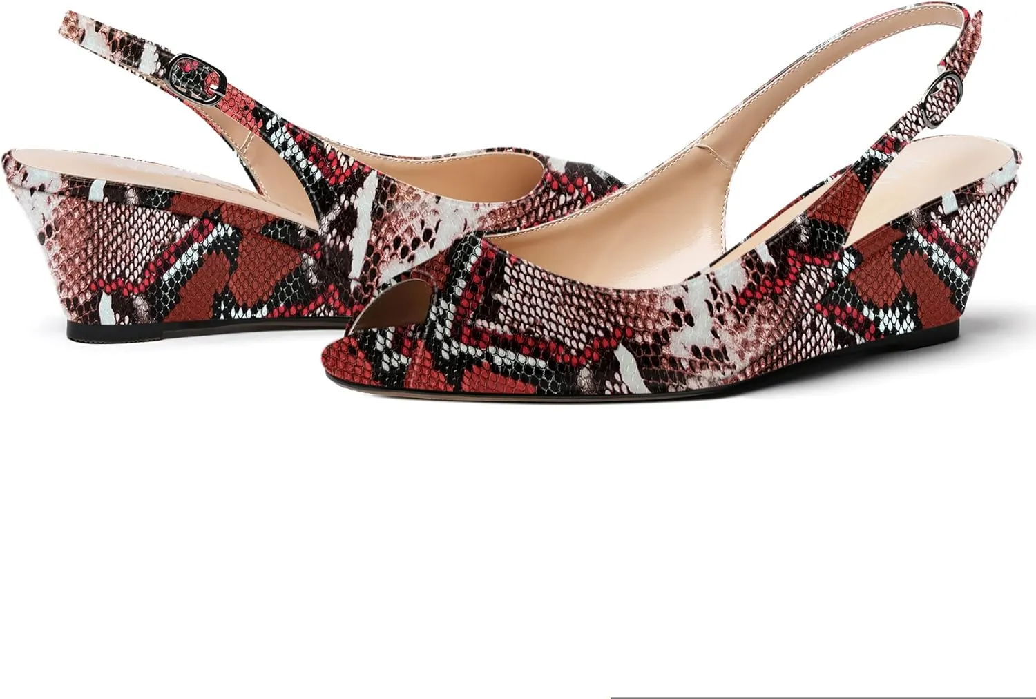 WAYDERNS Women's Peep Toe Slingback Buckle Patent Leather Wedge Low Heel Pumps Shoes 2 Inch