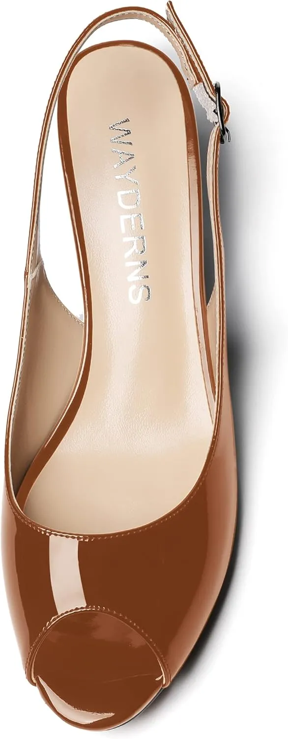 WAYDERNS Women's Peep Toe Slingback Buckle Patent Leather Wedge Low Heel Pumps Shoes 2 Inch