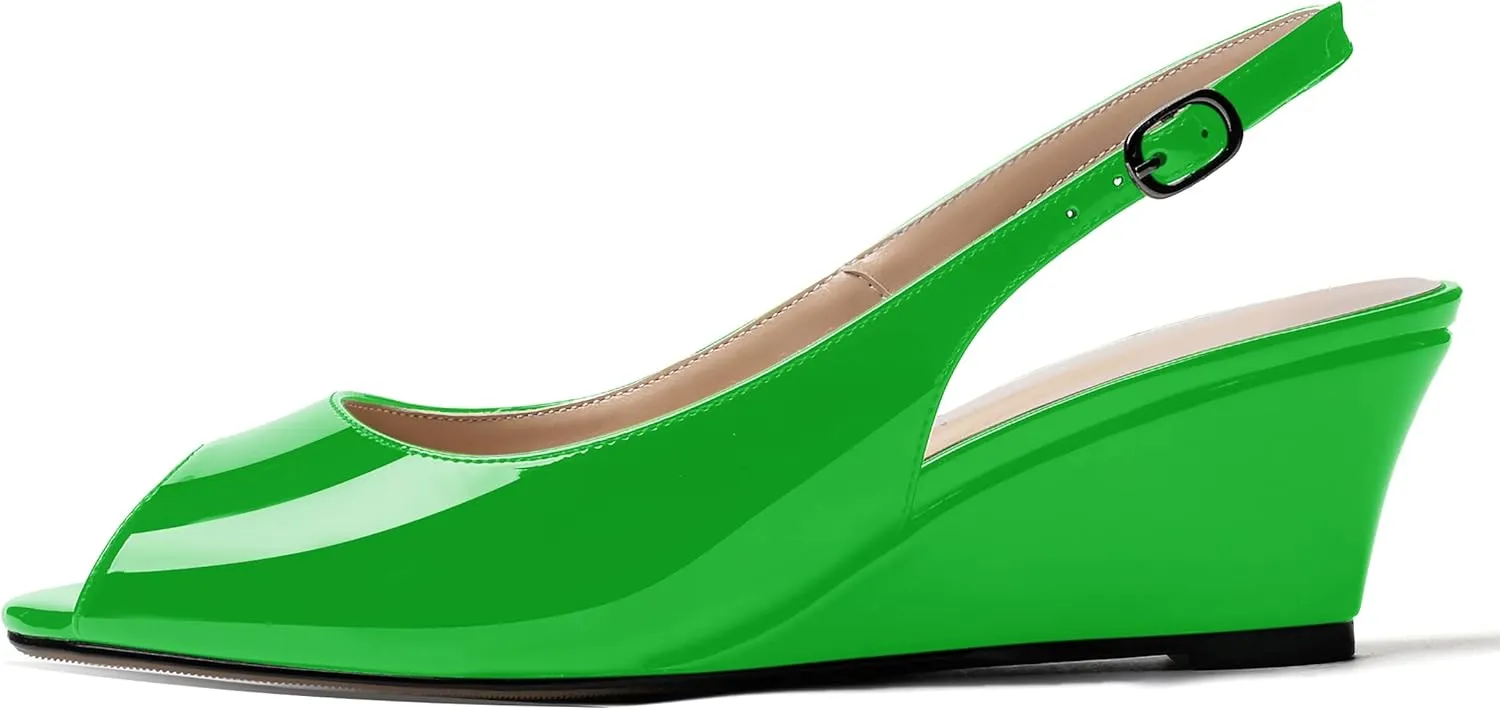 WAYDERNS Women's Peep Toe Slingback Buckle Patent Leather Wedge Low Heel Pumps Shoes 2 Inch