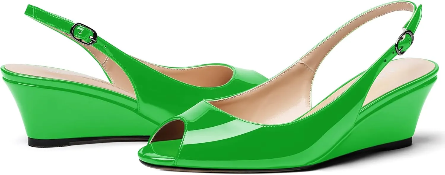 WAYDERNS Women's Peep Toe Slingback Buckle Patent Leather Wedge Low Heel Pumps Shoes 2 Inch
