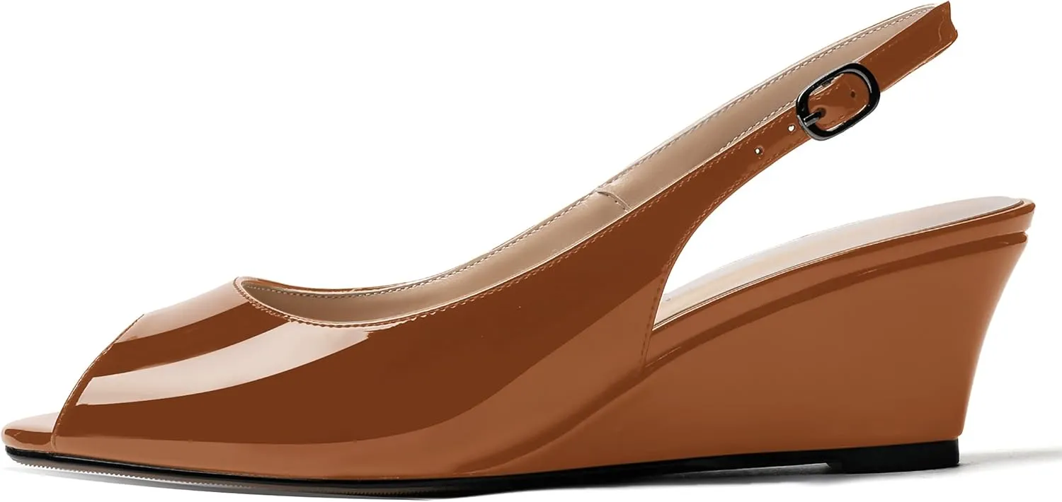 WAYDERNS Women's Peep Toe Slingback Buckle Patent Leather Wedge Low Heel Pumps Shoes 2 Inch