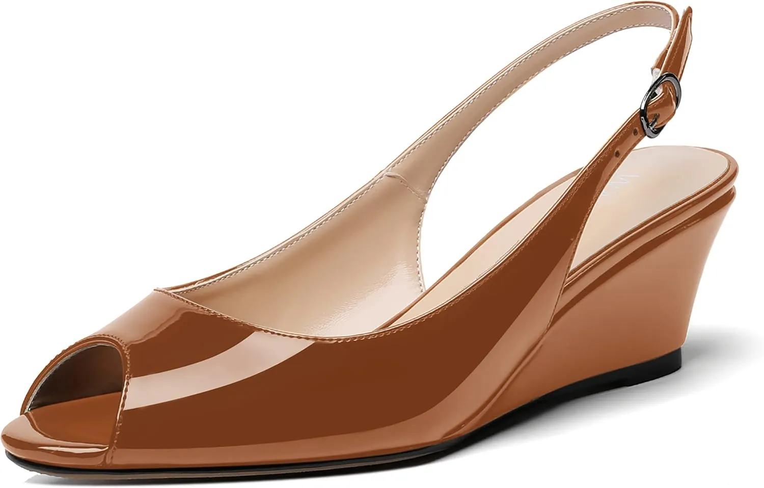 WAYDERNS Women's Peep Toe Slingback Buckle Patent Leather Wedge Low Heel Pumps Shoes 2 Inch