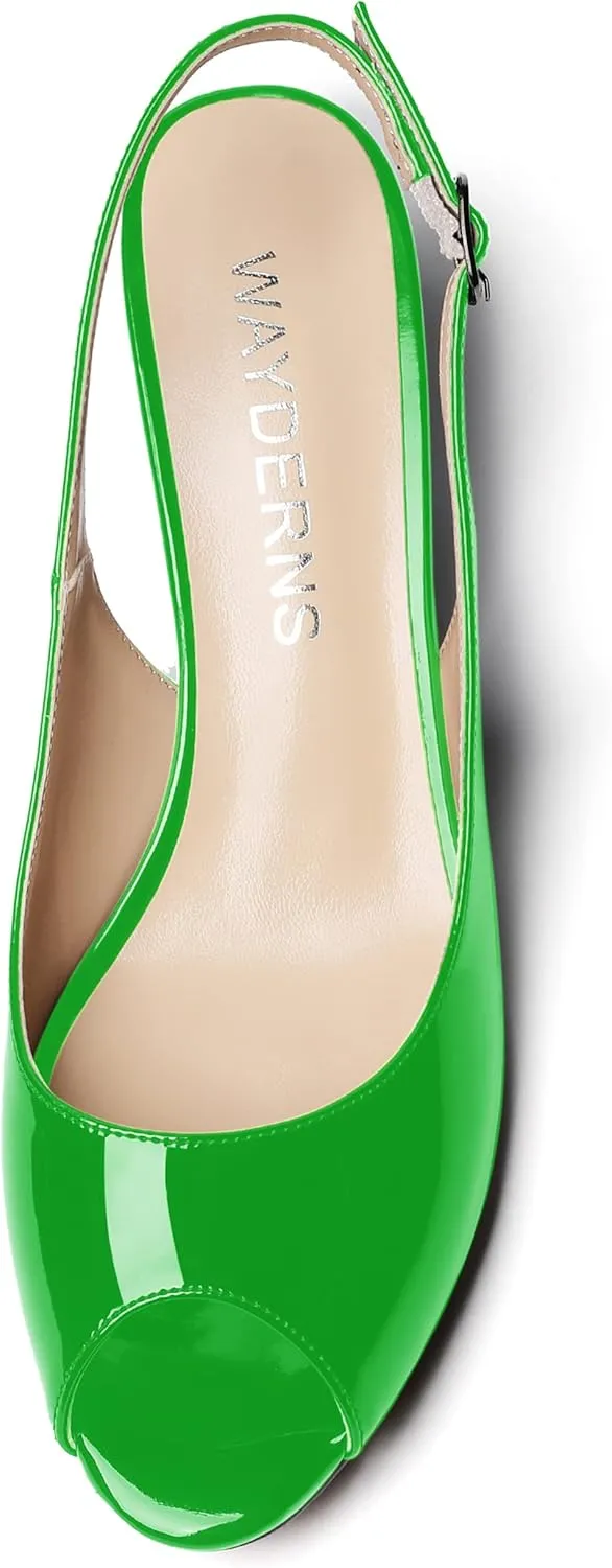 WAYDERNS Women's Peep Toe Slingback Buckle Patent Leather Wedge Low Heel Pumps Shoes 2 Inch