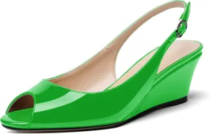 WAYDERNS Women's Peep Toe Slingback Buckle Patent Leather Wedge Low Heel Pumps Shoes 2 Inch