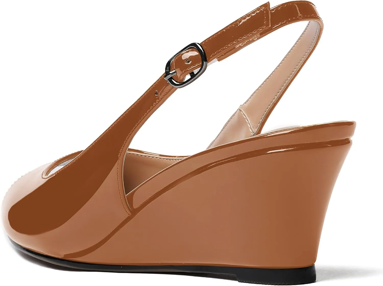 WAYDERNS Women's Peep Toe Slingback Buckle Patent Leather Wedge Low Heel Pumps Shoes 2 Inch