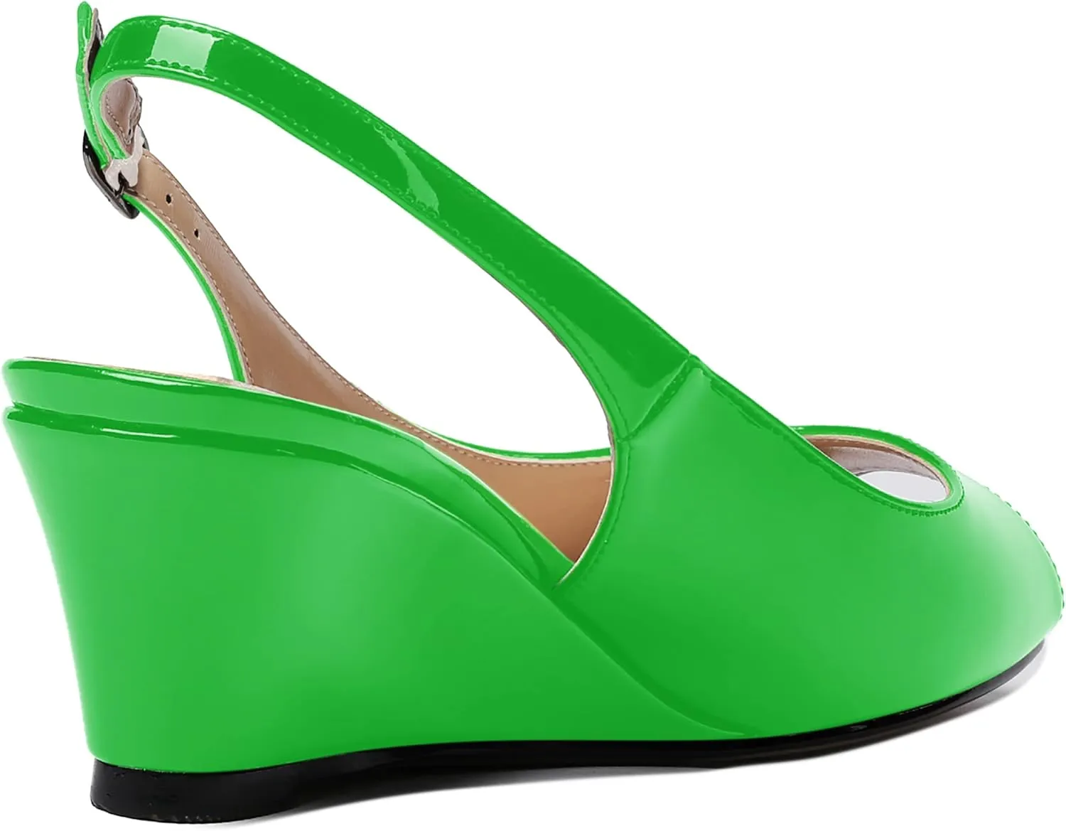 WAYDERNS Women's Peep Toe Slingback Buckle Patent Leather Wedge Low Heel Pumps Shoes 2 Inch