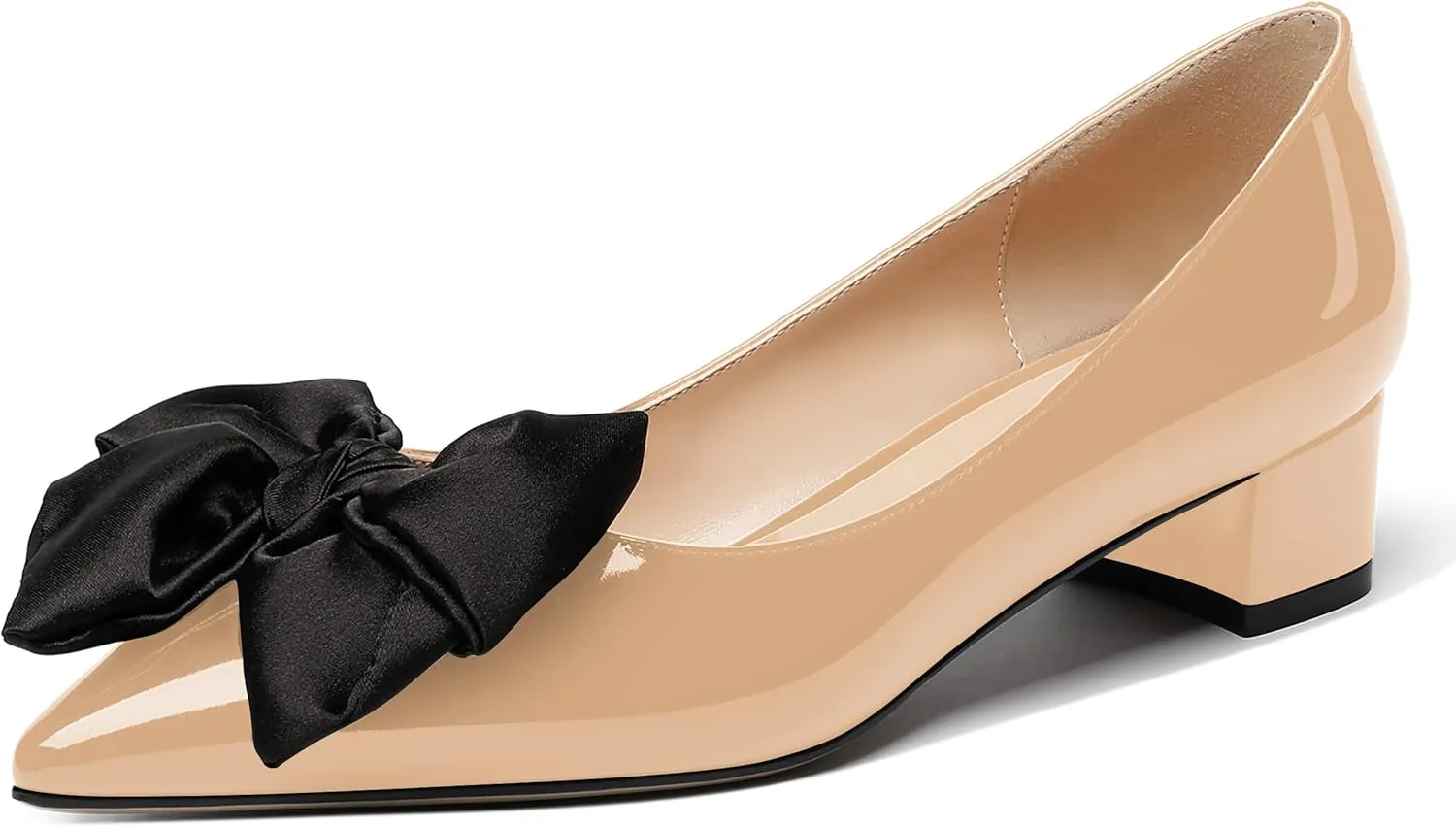 WAYDERNS Women's Pointed Toe Slip On Block Patent Bow Chunky Low Heel Pumps Shoes 1.5 Inch