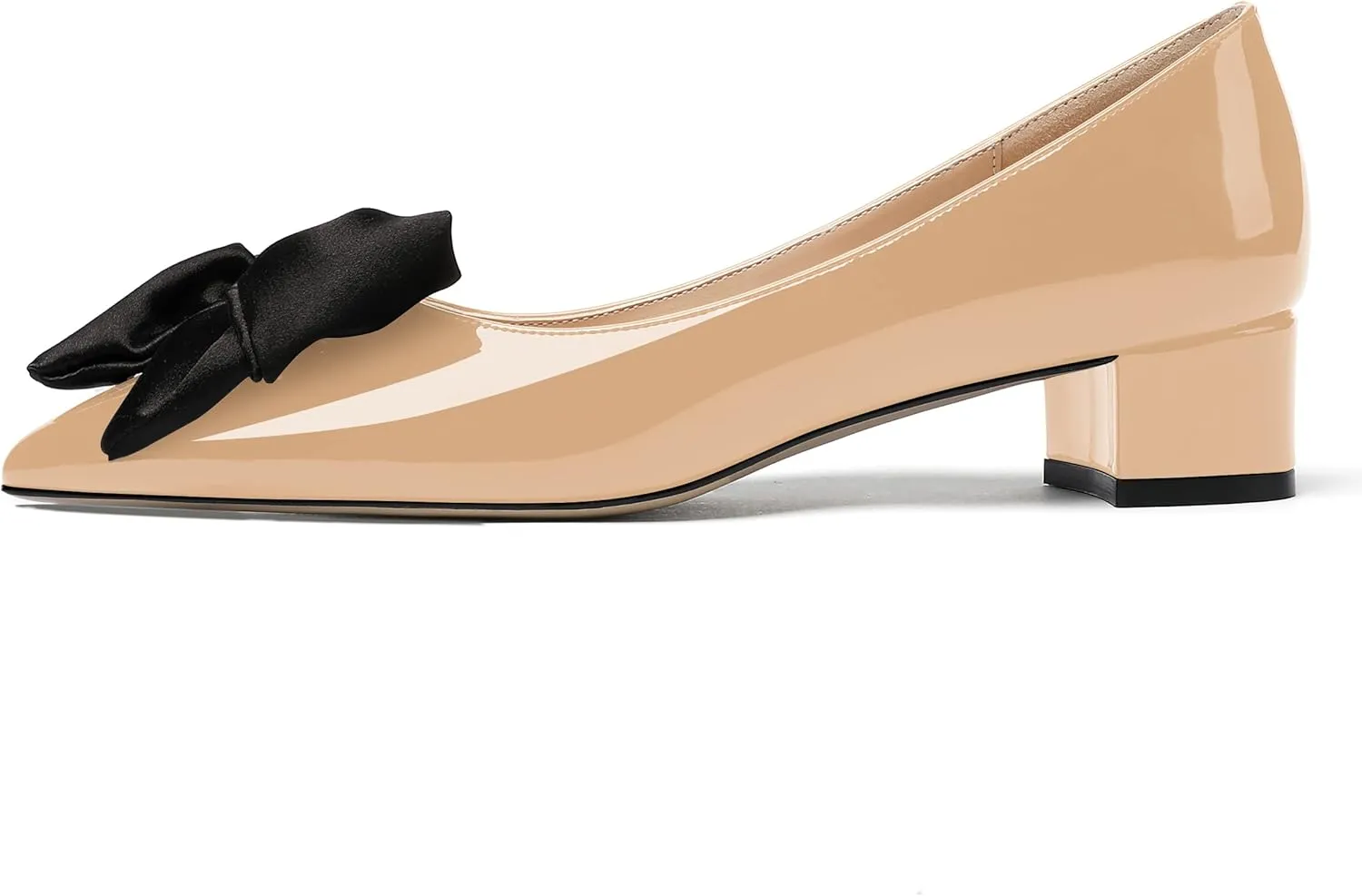 WAYDERNS Women's Pointed Toe Slip On Block Patent Bow Chunky Low Heel Pumps Shoes 1.5 Inch