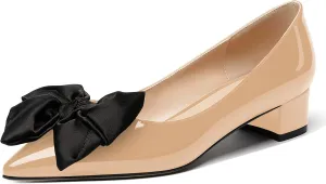 WAYDERNS Women's Pointed Toe Slip On Block Patent Bow Chunky Low Heel Pumps Shoes 1.5 Inch
