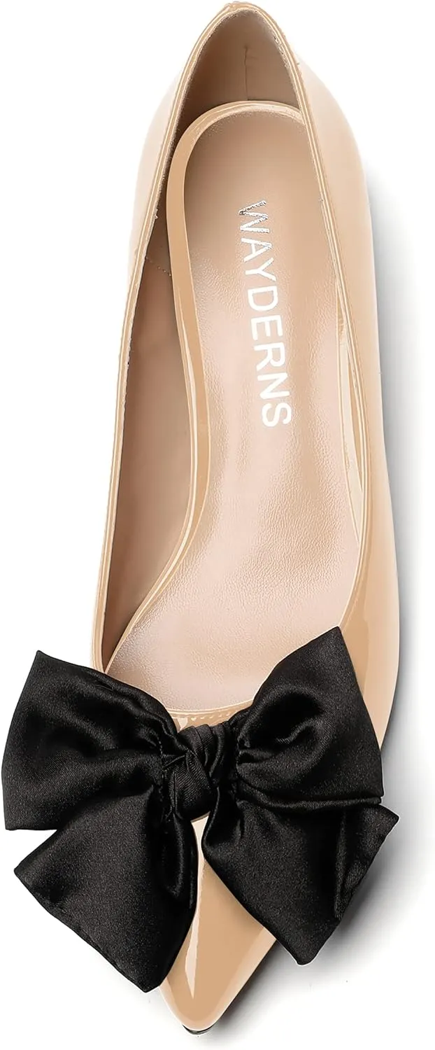 WAYDERNS Women's Pointed Toe Slip On Block Patent Bow Chunky Low Heel Pumps Shoes 1.5 Inch