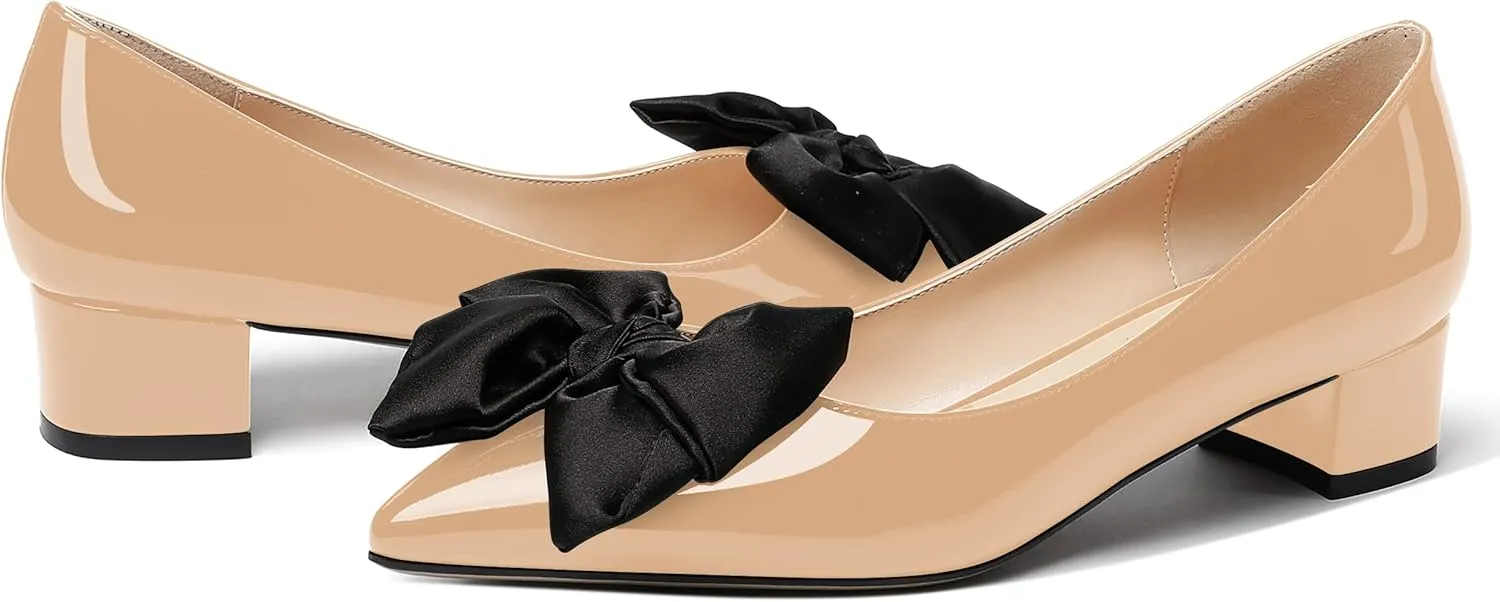 WAYDERNS Women's Pointed Toe Slip On Block Patent Bow Chunky Low Heel Pumps Shoes 1.5 Inch