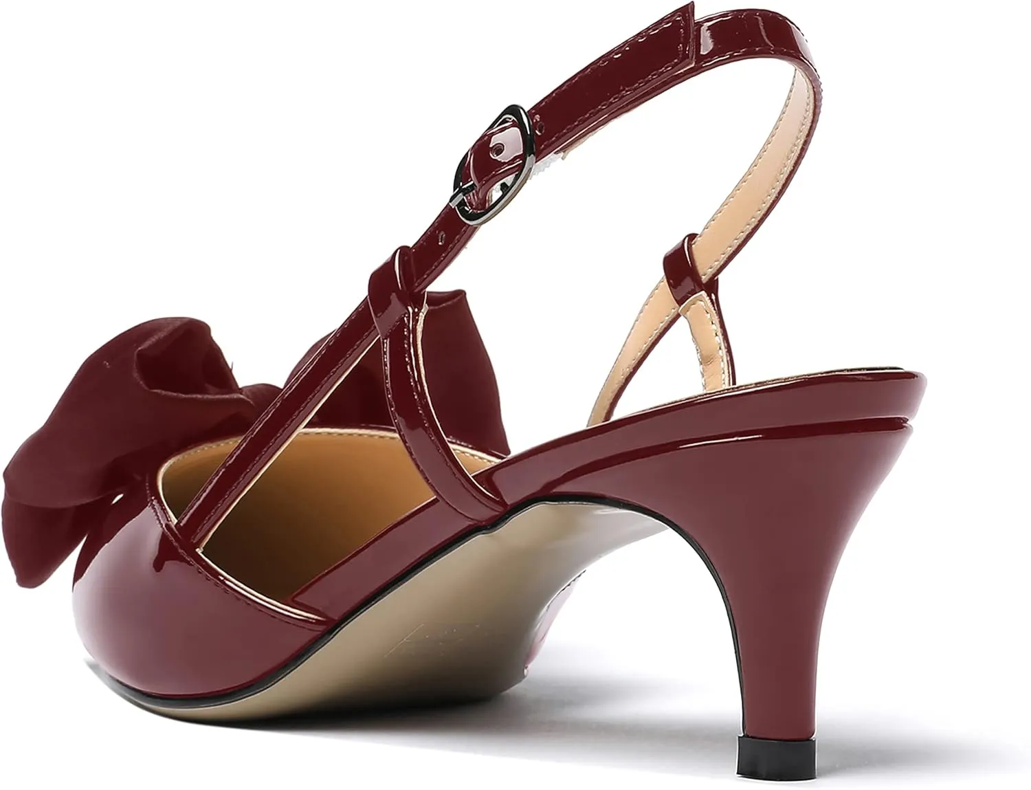 WAYDERNS Women's Satin Bow Decoration Pointed Toe Buckle Slingback Patent Kitten Low Heel Pumps Shoes 2 Inch