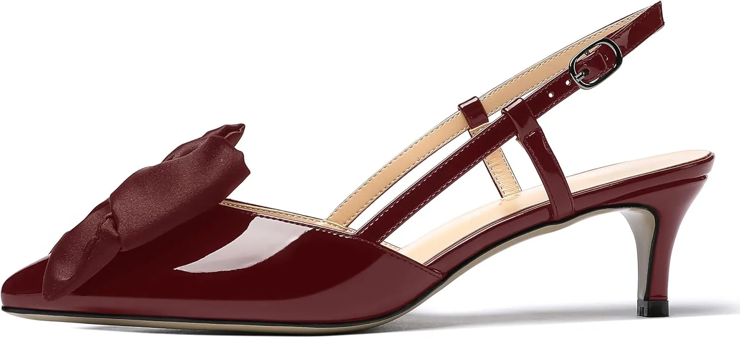 WAYDERNS Women's Satin Bow Decoration Pointed Toe Buckle Slingback Patent Kitten Low Heel Pumps Shoes 2 Inch