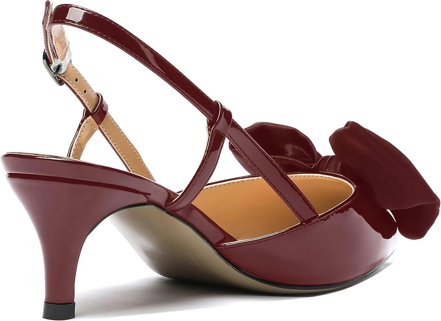 WAYDERNS Women's Satin Bow Decoration Pointed Toe Buckle Slingback Patent Kitten Low Heel Pumps Shoes 2 Inch