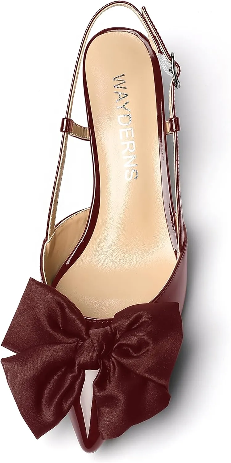 WAYDERNS Women's Satin Bow Decoration Pointed Toe Buckle Slingback Patent Kitten Low Heel Pumps Shoes 2 Inch