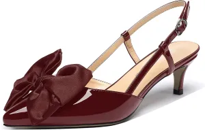 WAYDERNS Women's Satin Bow Decoration Pointed Toe Buckle Slingback Patent Kitten Low Heel Pumps Shoes 2 Inch