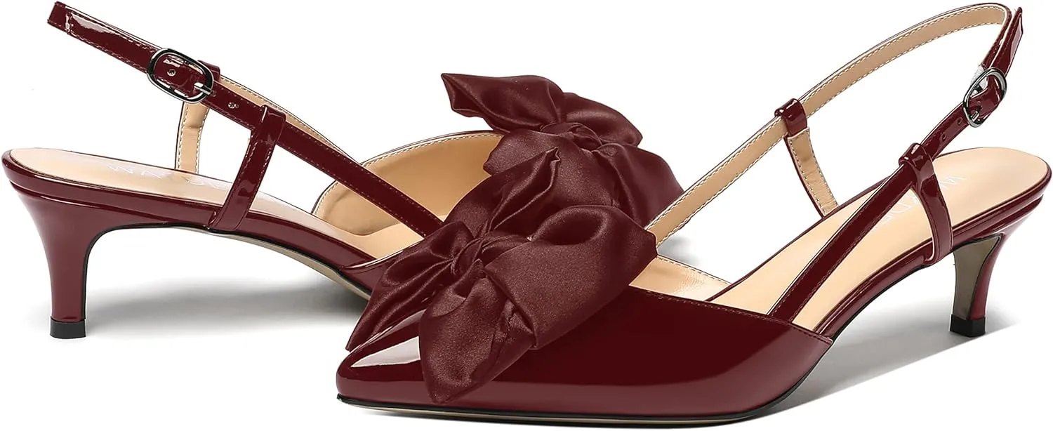 WAYDERNS Women's Satin Bow Decoration Pointed Toe Buckle Slingback Patent Kitten Low Heel Pumps Shoes 2 Inch