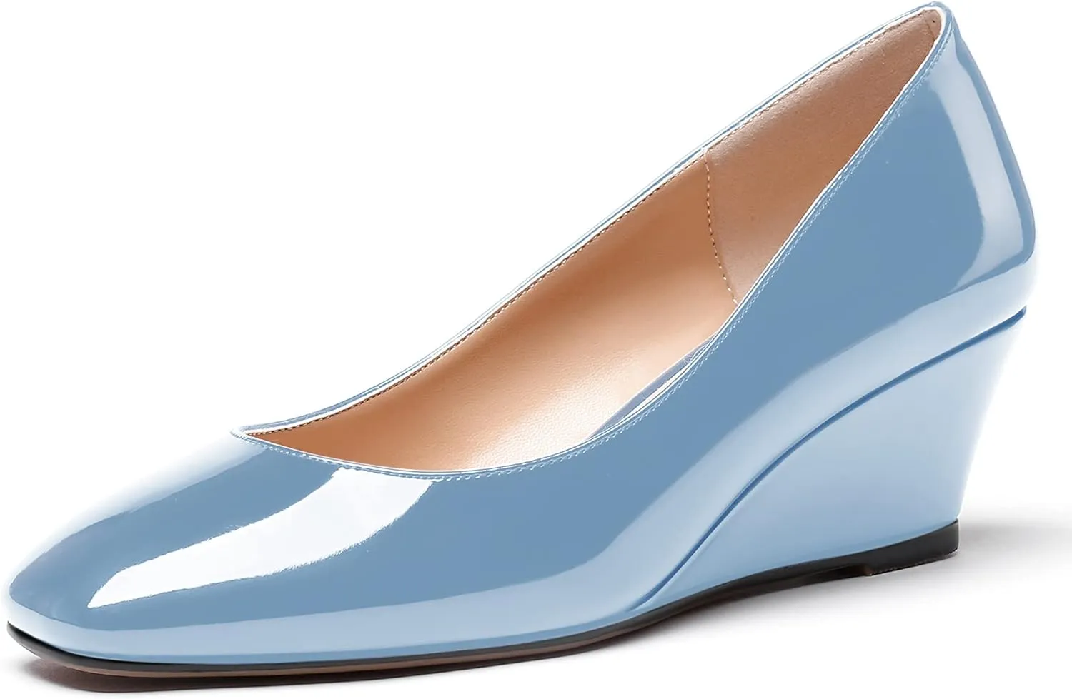 WAYDERNS Women's Slip On Patent Leather Square Toe Low Heel Wedge Pumps Shoes 2 Inch